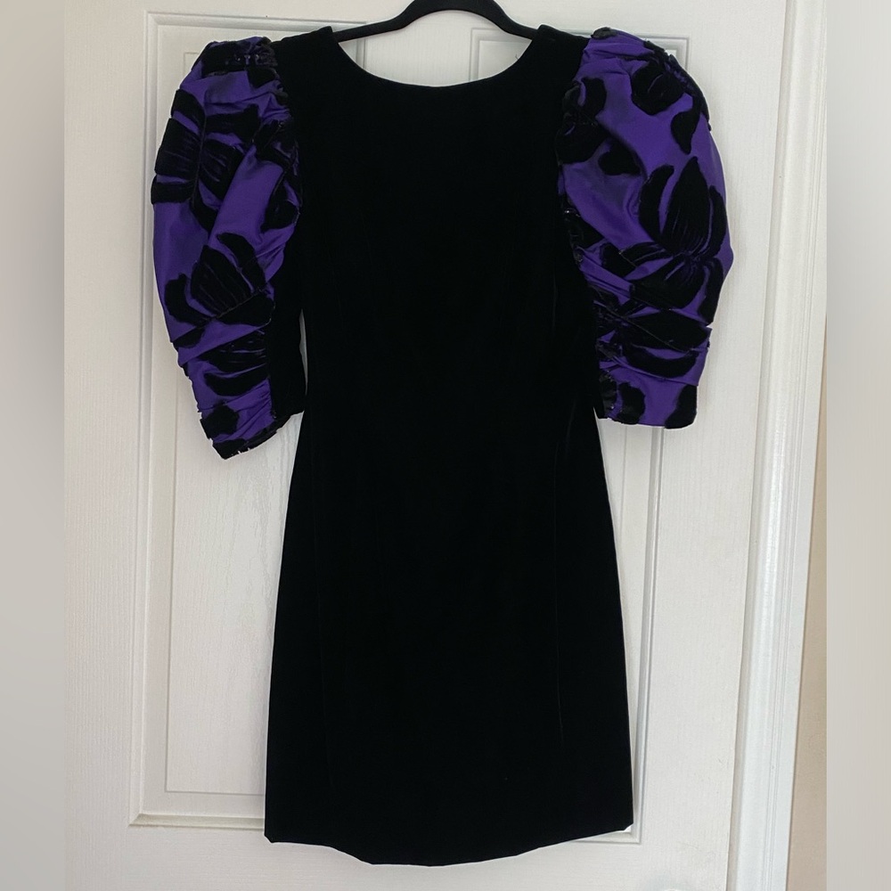 Victor Costa Black Mini Dress with Purple Puff Sleeves